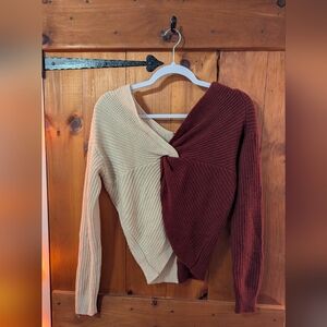 Two-Tone Knit Sweater - Cream and Brown